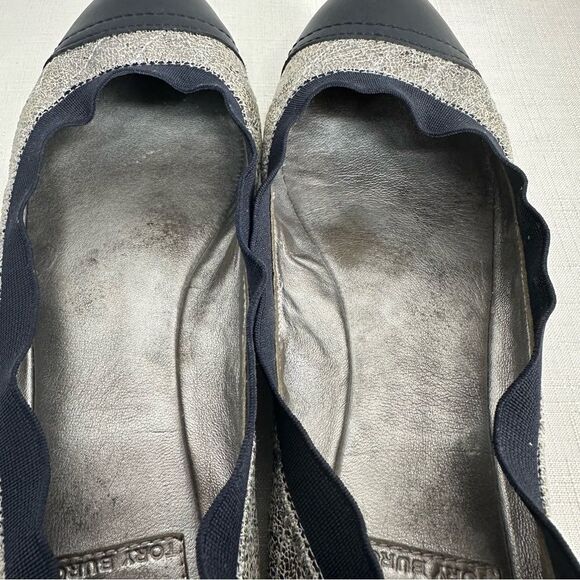 Tory Burch Size 7.5 Navy Blue and Distressed Silver Leather Flats - Picture 9 of 13